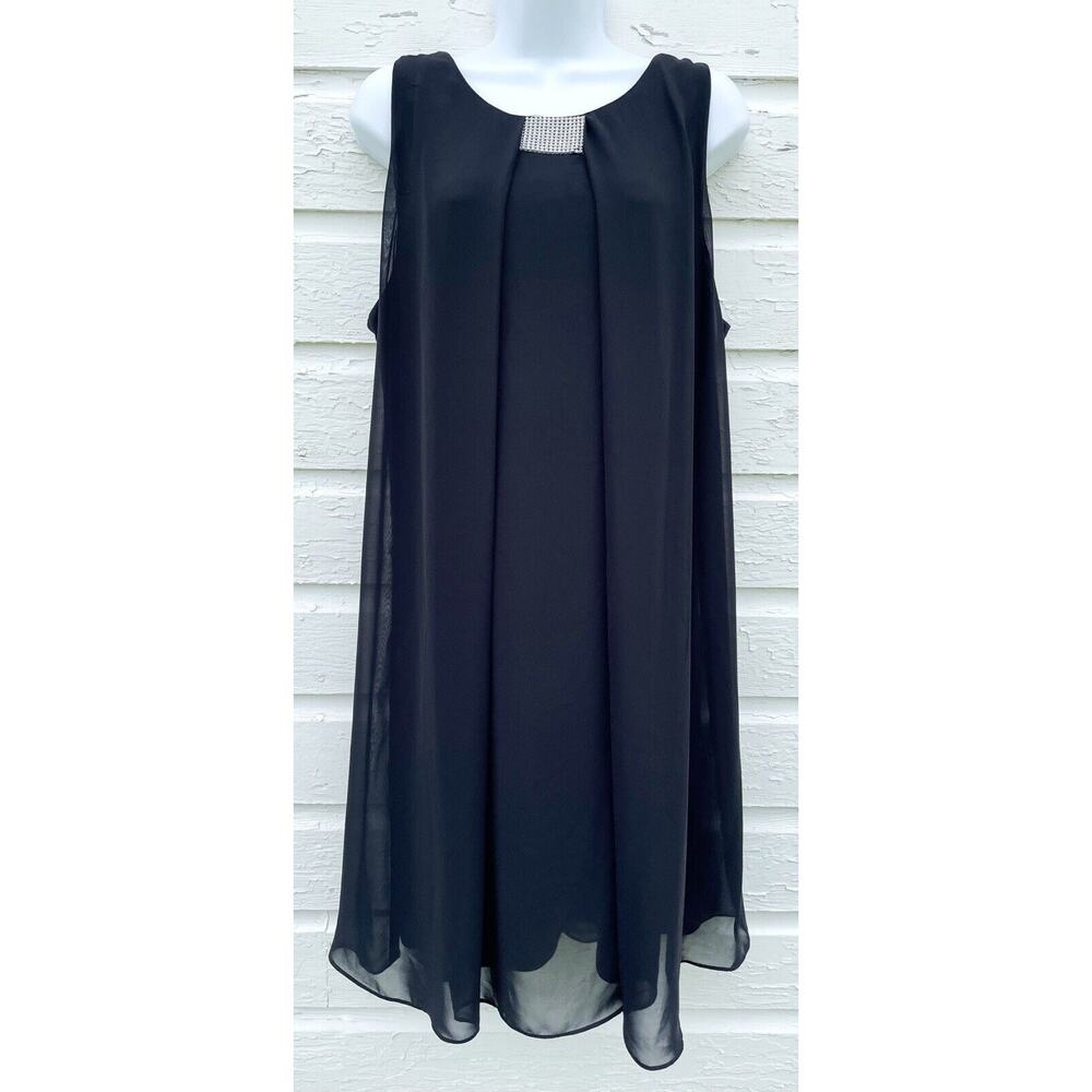 S. LEVINE SWING DRESS Womens 14 Black Flowy Sheer Rhinestone Chiffon Sleeveless